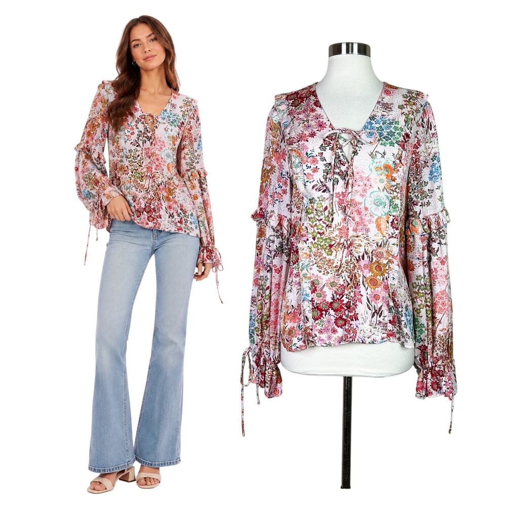 Ted Baker | Marlaa Floral Lace Up Pink Ruffle Sleeve Blouse Top TB 3 US Medium